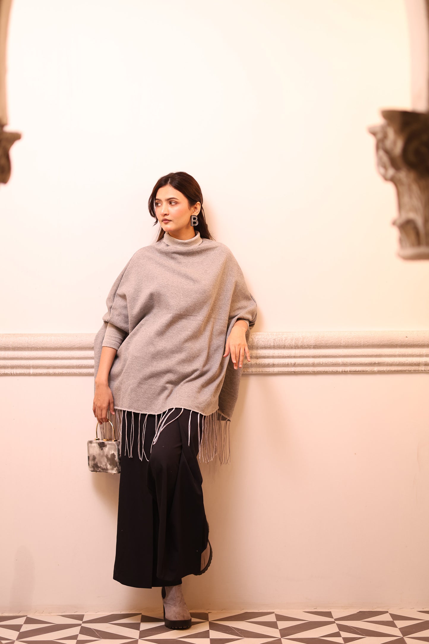 High Neck Cape Shawl (Grey)