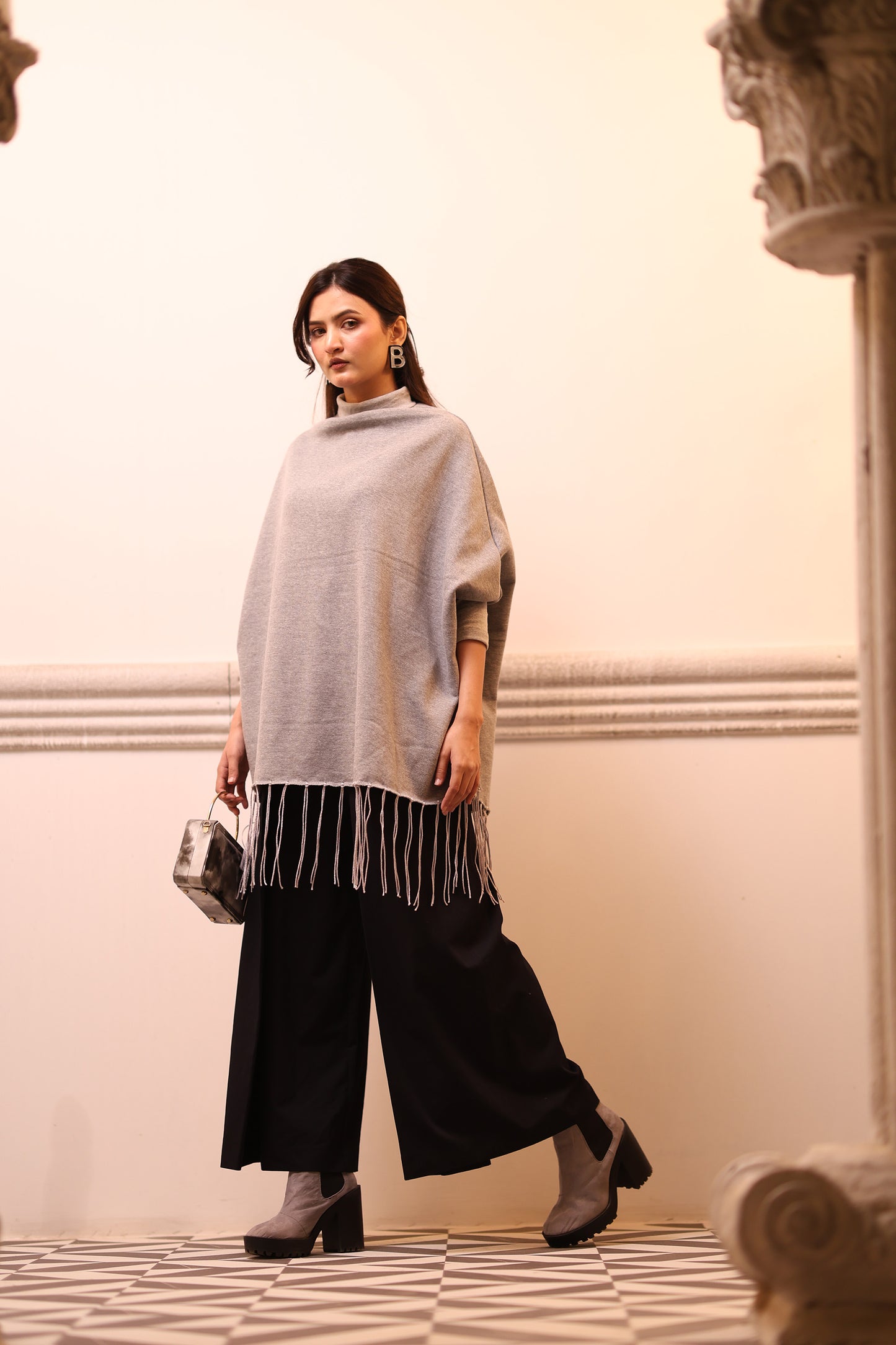 High Neck Cape Shawl (Grey)