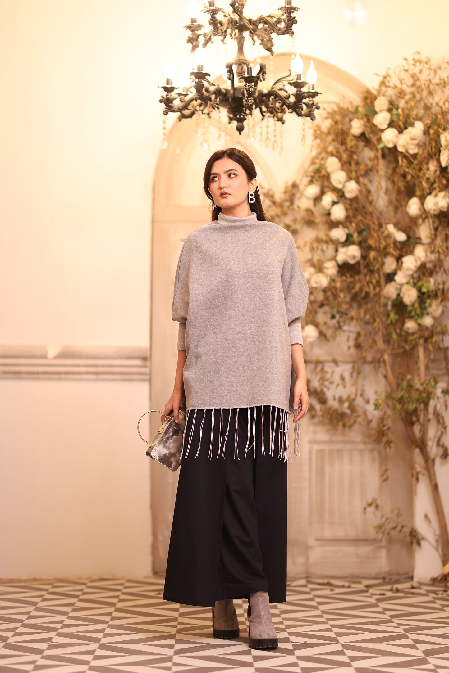 High Neck Cape Shawl (Grey)