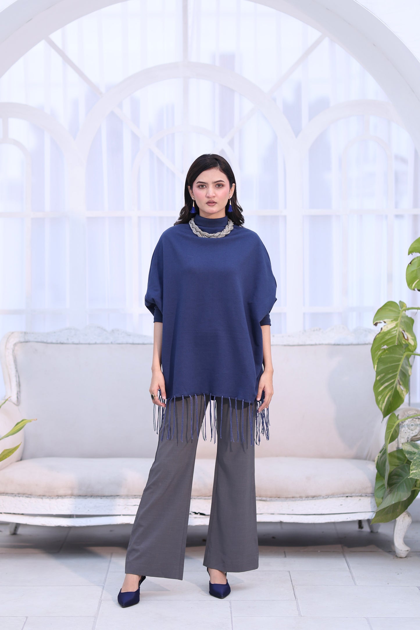 High Neck Cape Shawl (Blue)